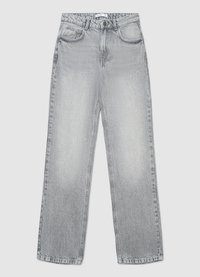 Graue Jeans mit hoher Taille aus Denim, geradem Bein und klassischem Fünf-Taschen-Design, mit subtiler verwaschener Textur.