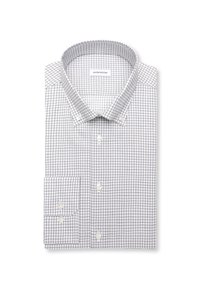 Chemise blanche à motif à carreaux gris, col boutonné et poignets boutonnés, soigneusement pliée sur un fond blanc.