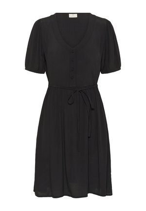 Abito nero a maniche corte con scollatura a V, chiusura a bottoni e cintura in vita. Tessuto morbido e fluido con gonna arricciata e leggera texture.