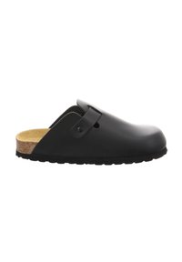 Schwarze Clogs mit verstellbarem Seitengurt, Korkfußbett und strukturiertem Gummisohle, von der rechten Seite auf weißem Hintergrund abgebildet.