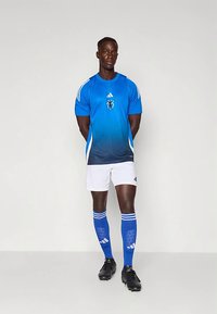 Ποδοσφαιρική φανέλα με μπλε γραadiέντ και λευκές βερμούδες, με λογότυπο και ρίγες. Μπλε κάλτσες και μαύρες ποδοσφαιρικές μπότες ολοκληρώνουν την αθλητική εμφάνιση.