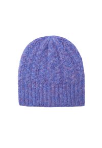 Beanie tricotat mov din lână, cu un model texturat și mansetă côtée, având nuanțe combinate de albastru și violet.