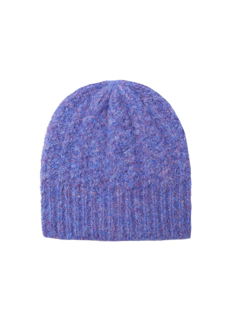 Beanie tricotat mov din lână, cu un model texturat și mansetă côtée, având nuanțe combinate de albastru și violet.