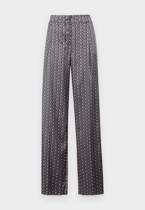 Grijze wijde broek van satijn, voorzien van een stippenpatroon en een sluiting aan de voorkant. Soepele textuur met een losse pasvorm.