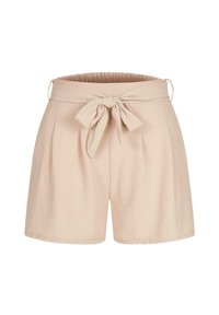 Pantaloni corti beige realizzati in un tessuto morbido con una vita elasticizzata, caratterizzati da una cravatta anteriore, un design plissettato e una texture liscia.