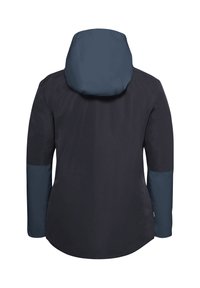 Marineblaues Jackett mit Kapuze und langen Ärmeln. Verfügt über kontrastierende blaue Akzente an den Ärmeln. Glatte Textur, leicht taillierte Passform und abgerundeter Saum.