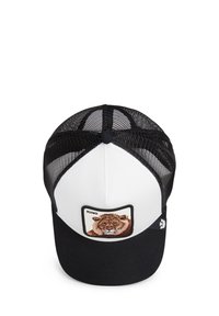 Black and white trucker cap with mesh back, featuring an embroidered lion design patch labeled "KING" on the front.