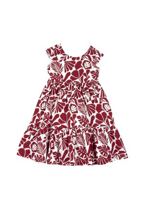 Abito floreale rosso e bianco con maniche a cappuccio, vita arricciata e orlo arricciato. Presenta un motivo di foglie tropicali su tutta la stoffa.