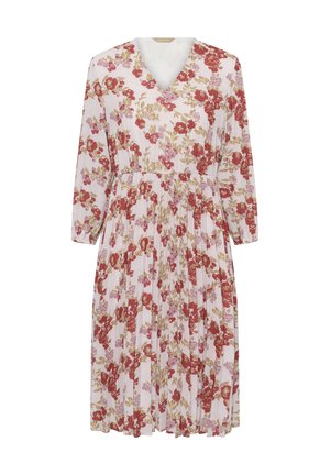 Floral dress with a V-neck, long sleeves, and pleated skirt. Features red and pink flowers on a light background, made from lightweight fabric.