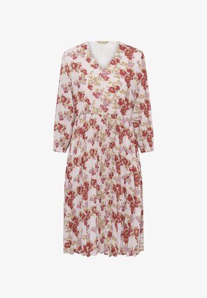 Floral dress with a V-neck, long sleeves, and pleated skirt. Features red and pink flowers on a light background, made from lightweight fabric.