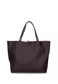 Bolso tote de cuero marrón oscuro con dos asas de hombro y una parte superior ligeramente abierta que revela un forro interior estampado.