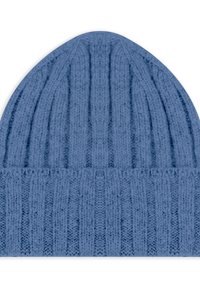 Berretto lavorato a maglia blu con texture a coste e risvolto, progettato per il calore e per un look informale.