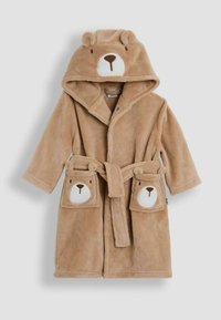 Beige, flauschiger Bademantel mit einer bärenförmigen Kapuze, ausgestattet mit Ohren und Gesichtszügen. Er hat zwei vordere Taschen in Form von Bärenköpfen.
