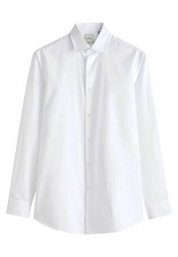 Weißes Langarmhemd aus glattem Baumwollstoff mit Button-Down-Kragen, Frontblende und Manschetten mit einem Knopf. Hat einen geraden Saum.