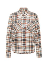 Flannel shirt with a plaid pattern in white, orange, and gray. Features a collar, long sleeves, and two chest pockets, with a button-up front.