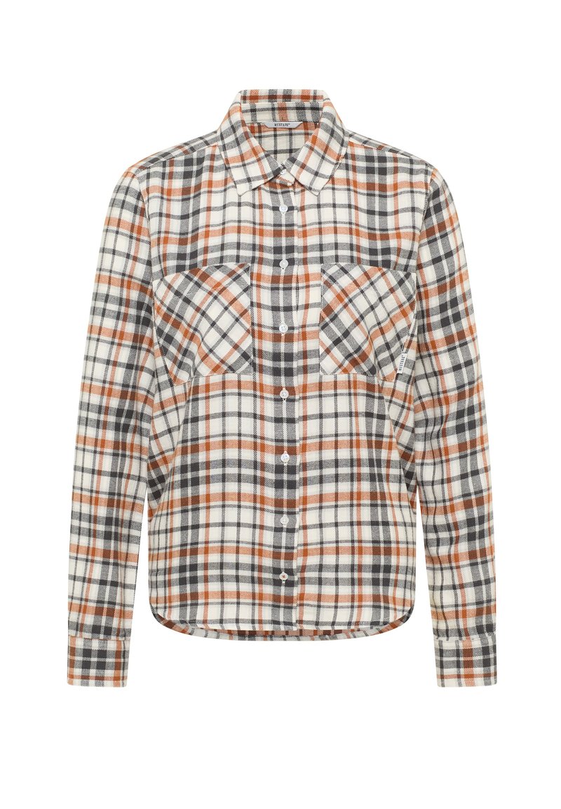 Flannel shirt with a plaid pattern in white, orange, and gray. Features a collar, long sleeves, and two chest pockets, with a button-up front.