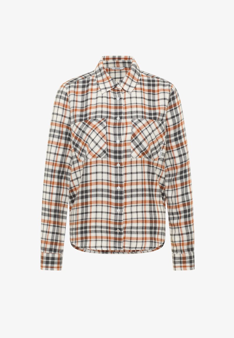 Flannel shirt with a plaid pattern in white, orange, and gray. Features a collar, long sleeves, and two chest pockets, with a button-up front.