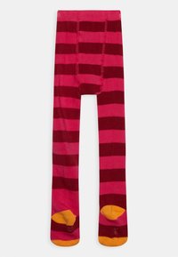 Meias listradas em tons de rosa e burdeos, com um pé amarelo sólido e uma textura suave. As listras verticais criam um padrão ousado.