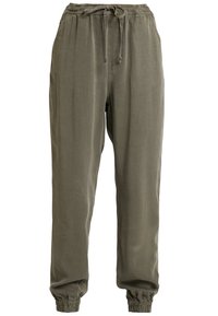 Olivgrön, lätta joggerbyxor med elastisk midja och justerbar dragsko. Smalnade nederkant och sidofickor. Slät textur.