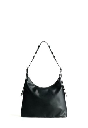 Schwarze Leder-Hobo-Tasche mit geschwungener Form, ausgestattet mit einem einzigen Trageriemen. Glatte Textur mit einem dezenten Glanz und keinen sichtbaren Hardware-Details.