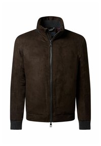 Braune Wildlederjacke mit hohem Kragen, Reißverschluss und gerippten Strickbündchen. Glatte Textur mit minimalen Details.