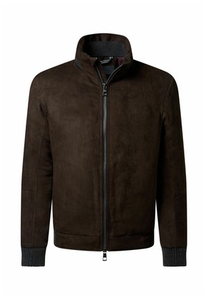 Braune Wildlederjacke mit hohem Kragen, Reißverschluss und gerippten Strickbündchen. Glatte Textur mit minimalen Details.