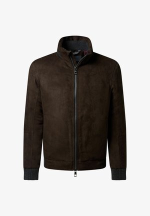 Braune Wildlederjacke mit hohem Kragen, Reißverschluss und gerippten Strickbündchen. Glatte Textur mit minimalen Details.