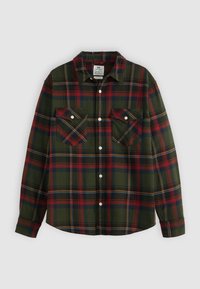 Green plaid flannel shirt with red and blue accents, featuring a button-down collar, two chest pockets, and long sleeves.