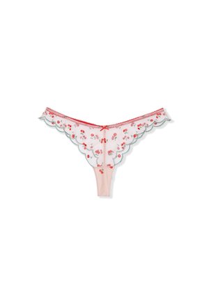 Perizoma in pizzo con bordo smerlato, tessuto in rete rosa, ricamo floreale rosso e piccolo fiocco rosso sul davanti.