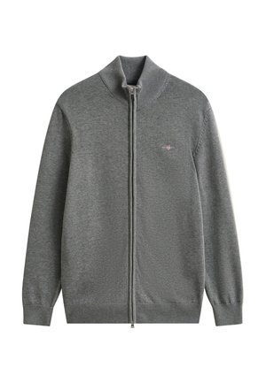 Grey full-zip knit sweater with ribbed collar, cuffs, and hem, featuring a small embroidered logo on the left chest.