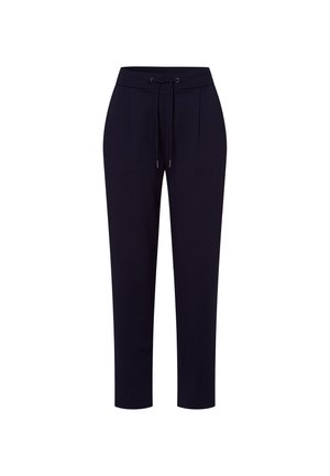 Marineblaue Jogginghosen mit einem Kordelzugbund, schmal zulaufenden Beinen und weichem Stoff. Mit zwei Vorderfalten und minimalistischem Design.
