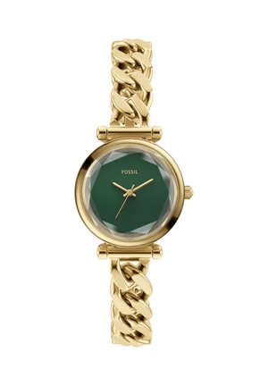 Goldenes Gliederarmband mit dunkelgrünem facettiertem rundem Zifferblatt und goldenen Stunden-, Minuten- und Sekundenzeigern.