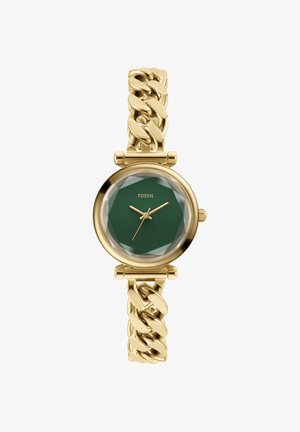 Montre bracelet à chaîne dorée avec un cadran rond facetté vert foncé et des aiguilles dorées pour les heures, les minutes et les secondes.