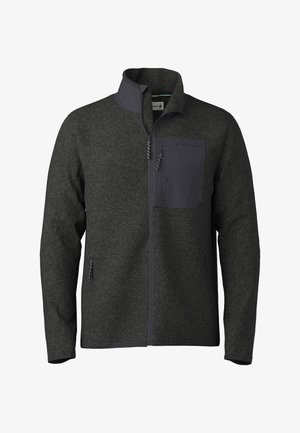 Szara polarowa kurtka z wysokim kołnierzem, centralnym zamkiem i kieszenią na piersi. Posiada kontrastowe akcenty z tkaniny oraz teksturowaną powierzchnię.