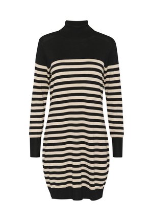 Robe col roulé à rayures noires et beiges avec de longues manches, dotée d'une coupe décontractée et de poignets côtelés aux manches et à l'ourlet.