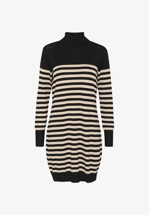Czarna i beżowa sukienka w paski z golfem i długimi rękawami, o luźnym kroju, z prążkowanymi mankietami na rękawach i u dołu.