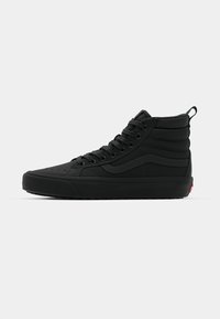 Black high-top sneakers with a textured fabric upper, reinforced toe cap, and contrasting stitching. Rubber sole with a logo on the heel.