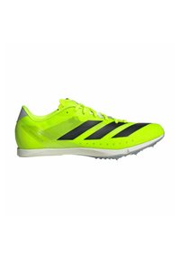 Zapatilla de running de un brillante amarillo neón con rayas negras, parte superior de malla ligera y suela con clavos moldeados para mayor tracción. Presenta acentos reflectantes.