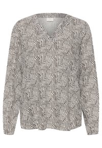 Langärmelige Bluse mit V-Ausschnitt, aus leichtem Stoff gefertigt, mit einem geometrischen schwarz-weißen Muster, das geschwungene und gestreifte Designs umfasst.