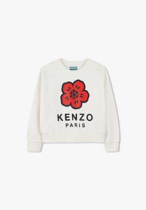 Witte sweatshirt met een rode bloemenprint, "KENZO" in vetgedrukte zwarte letters en een cropped ontwerp. Zachte textuur en geribbelde manchetten.