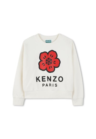 Sweatshirt blanc avec un graphique de fleur rouge, "KENZO" en lettres noires en gras, et une coupe courte. Texture douce et poignets côtelés.