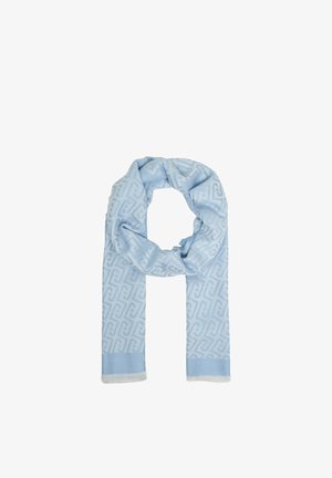 Sciarpa azzurro chiaro con motivo geometrico ripetuto e estremità di colore azzurro chiaro uniforme, piegata ordinatamente a forma di anello.