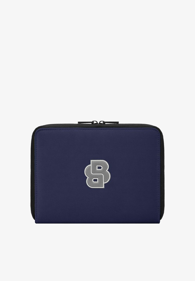 Portefeuille bleu marine zippé avec bordure noire et logo stylisé "BB" gris argenté centré sur le devant.
