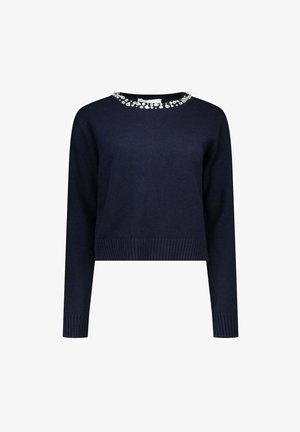 Pull en maille bleu marine à manches longues, avec un ourlet côtelé et un col rond orné d'un groupe de pierres décoratives. Design court.