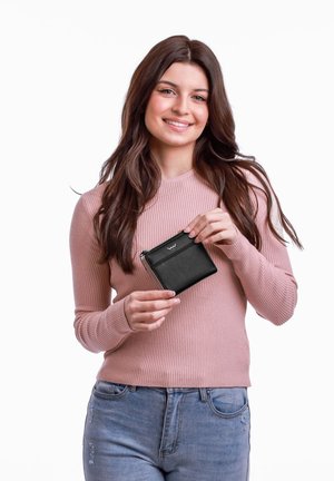 Black leather wallet with a zip closure, rectangular shape, featuring a textured surface and minimal hardware accents.