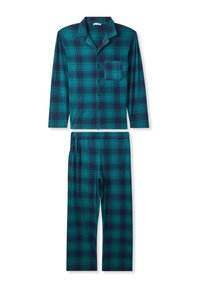 Pidżama w kratę z długimi rękawami i spodniami. Wykonana z miękkiego materiału w wzór w odcieniach niebieskiego i ciemnofioletowego. Posiada zapięcie na guziki z przodu oraz kieszeń na piersi.