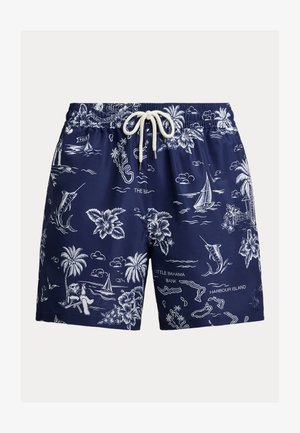 Mørkeblå badeshorts med hvitt tropisk øykart, palmetrær, seilbåter, marliner, blomster og en person som slapper av; hvit snor i midjen.