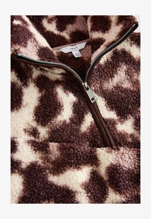 Felpa in pile con zip, marrone e crema, con motivo a macchie di mucca; presenta un colletto alto, una texture morbida e una zip argentata.