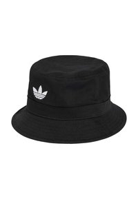 Black bucket hat made of cotton, featuring a round crown and a wide brim. Notable white Adidas logo accent on the side.