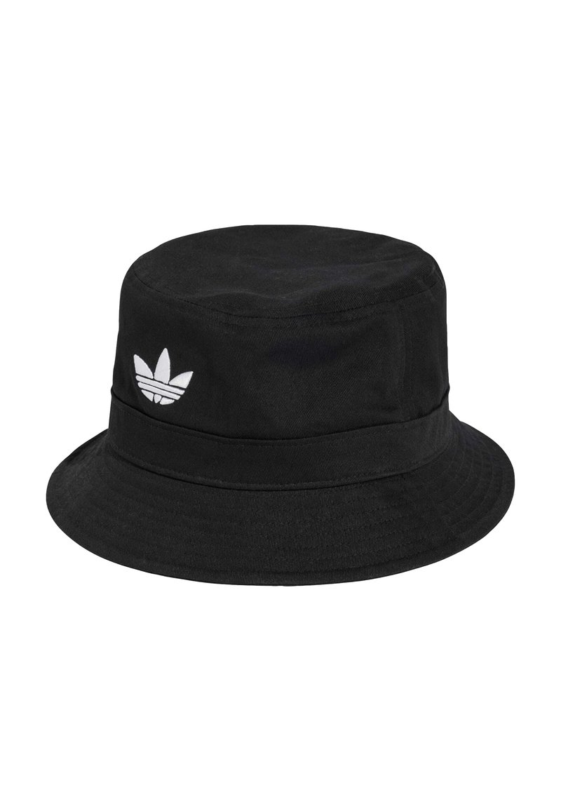 Black bucket hat made of cotton, featuring a round crown and a wide brim. Notable white Adidas logo accent on the side.